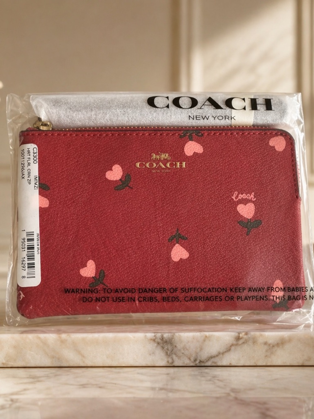 Coach Heart Floral Print Corner Zip Wristlet Wine Multi Leather Wallet